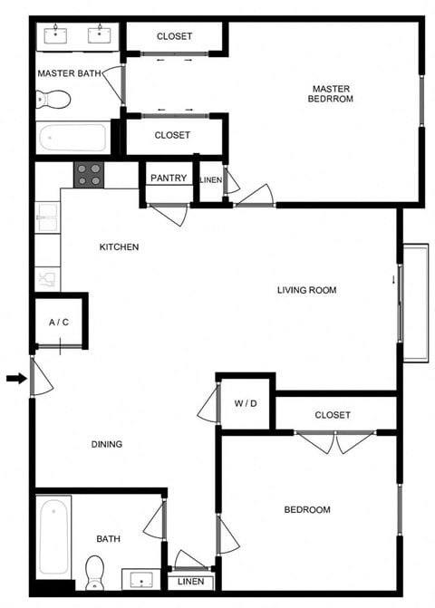 Floor plan for 2 beds, 2 baths, 810 sqft